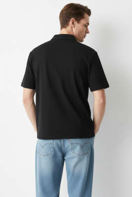 Polo Yaka Fermuarlı Erkek T-shirt Siyah - Erkek T-shirt