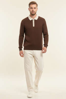 Polo Yaka Fermuarlı Fitilli Erkek Kazak Kahve - Erkek Kazak