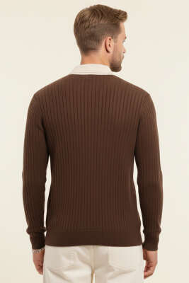 Polo Yaka Fermuarlı Fitilli Erkek Kazak Kahve - Erkek Kazak