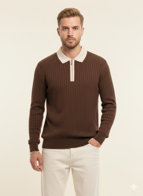 Polo Yaka Fermuarlı Fitilli Erkek Kazak Kahve - WİPEOUT