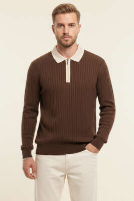 Polo Yaka Fermuarlı Fitilli Erkek Kazak Kahve 