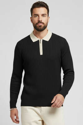 Polo Yaka Fermuarlı Fitilli Erkek Kazak Siyah - WİPEOUT