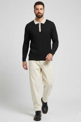 Polo Yaka Fermuarlı Fitilli Erkek Kazak Siyah - Erkek Kazak