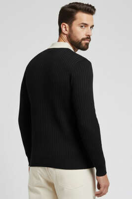 Polo Yaka Fermuarlı Fitilli Erkek Kazak Siyah - Erkek Kazak