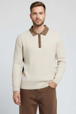 Polo Yaka Fermuarlı Fitilli Erkek Kazak Taş - WİPEOUT