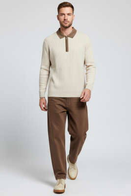 Polo Yaka Fermuarlı Fitilli Erkek Kazak Taş - Erkek Kazak