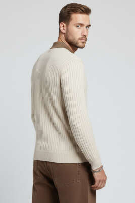 Polo Yaka Fermuarlı Fitilli Erkek Kazak Taş - Erkek Kazak