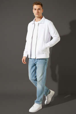 Polo Yaka Fermuarlı Jakarlı Erkek Sweatshirt Beyaz - Erkek Sweatshirt