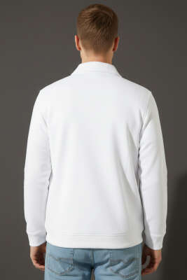 Polo Yaka Fermuarlı Jakarlı Erkek Sweatshirt Beyaz - Erkek Sweatshirt