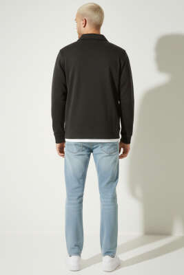 Polo Yaka Fermuarlı Jakarlı Erkek Sweatshirt Füme - Erkek Polo Yaka Tişört