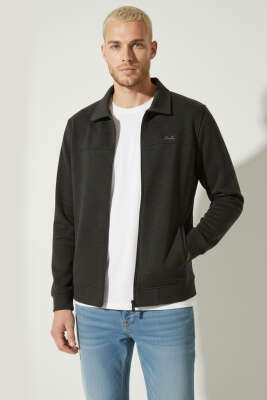 Polo Yaka Fermuarlı Jakarlı Erkek Sweatshirt Füme - BESSE