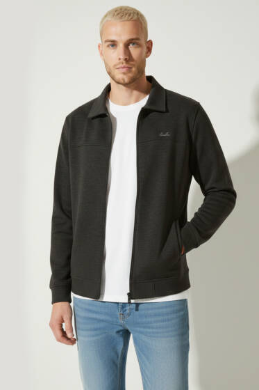 Polo Yaka Fermuarlı Jakarlı Erkek Sweatshirt Füme - Erkek Sweatshirt