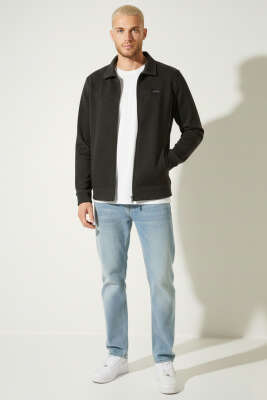 Polo Yaka Fermuarlı Jakarlı Erkek Sweatshirt Füme - Erkek Sweatshirt