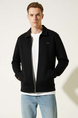 Polo Yaka Fermuarlı Jakarlı Erkek Sweatshirt Siyah - Erkek Polo Yaka Tişört
