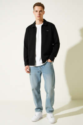 Polo Yaka Fermuarlı Jakarlı Erkek Sweatshirt Siyah - Erkek Sweatshirt