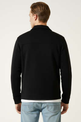 Polo Yaka Fermuarlı Jakarlı Erkek Sweatshirt Siyah - Erkek Sweatshirt