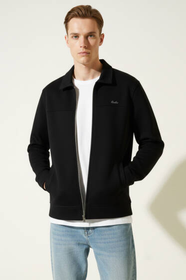 Polo Yaka Fermuarlı Jakarlı Erkek Sweatshirt Siyah - Erkek Sweatshirt