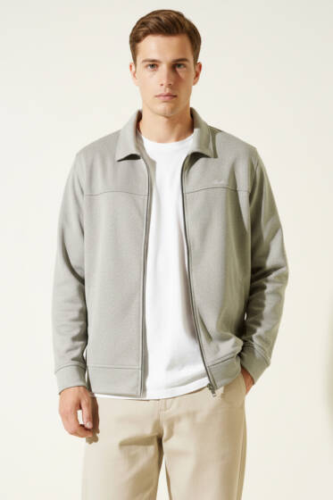 Polo Yaka Fermuarlı Jakarlı Erkek Sweatshirt Vizon - Erkek Sweatshirt