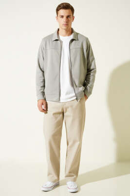 Polo Yaka Fermuarlı Jakarlı Erkek Sweatshirt Vizon - Erkek Sweatshirt