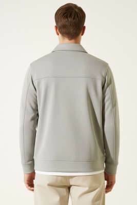 Polo Yaka Fermuarlı Jakarlı Erkek Sweatshirt Vizon - Erkek Sweatshirt