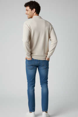 Polo Yaka Fermuarlı Merserize T-shirt Bej - Erkek T-shirt