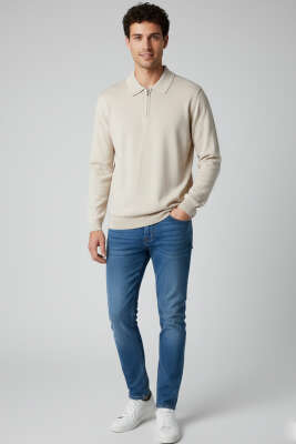 Polo Yaka Fermuarlı Merserize T-shirt Bej - VAGANZA