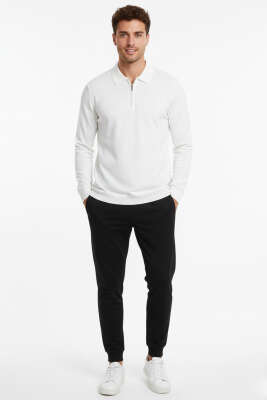 Polo Yaka Fermuarlı Merserize T-shirt Ekru - VAGANZA