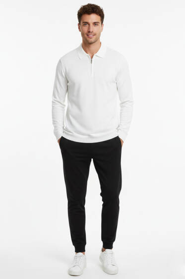 Polo Yaka Fermuarlı Merserize T-shirt Ekru - Erkek T-shirt