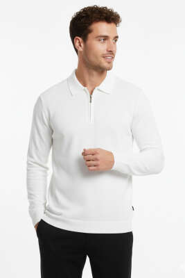 Polo Yaka Fermuarlı Merserize T-shirt Ekru - Erkek T-shirt