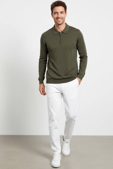 Polo Yaka Fermuarlı Merserize T-shirt Haki - Erkek T-shirt