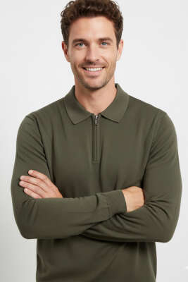 Polo Yaka Fermuarlı Merserize T-shirt Haki - Erkek T-shirt