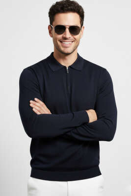 Polo Yaka Fermuarlı Merserize T-shirt Lacivert - VAGANZA