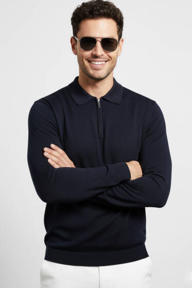 Polo Yaka Fermuarlı Merserize T-shirt Lacivert - Erkek T-shirt