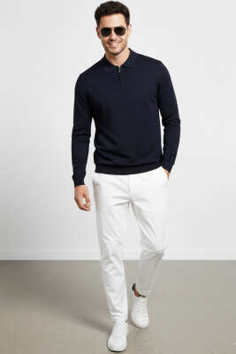 Polo Yaka Fermuarlı Merserize T-shirt Lacivert - Erkek T-shirt