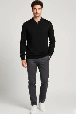 Polo Yaka Fermuarlı Merserize T-shirt Siyah - VAGANZA