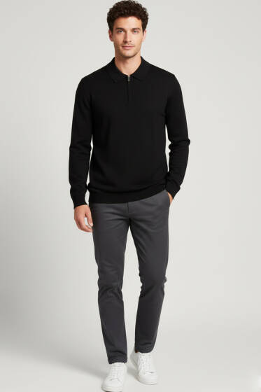 Polo Yaka Fermuarlı Merserize T-shirt Siyah - Erkek T-shirt