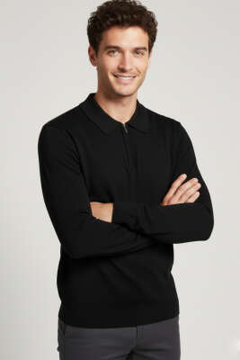 Polo Yaka Fermuarlı Merserize T-shirt Siyah - Erkek T-shirt