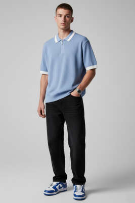 Polo Yaka Fermuarlı Merserize Triko T-Shirt Bebe Mavi - Erkek T-shirt