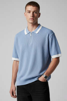 Polo Yaka Fermuarlı Merserize Triko T-Shirt Bebe Mavi 