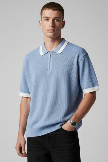 Polo Yaka Fermuarlı Merserize Triko T-Shirt Bebe Mavi - Erkek Triko Tişört