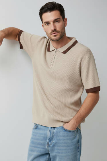 Polo Yaka Fermuarlı Merserize Triko T-Shirt Bej - Erkek Triko Tişört
