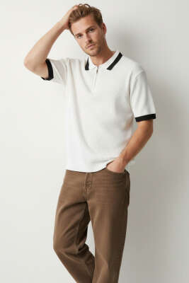 Polo Yaka Fermuarlı Merserize Triko T-Shirt Beyaz - WİPEOUT