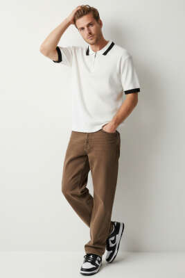 Polo Yaka Fermuarlı Merserize Triko T-Shirt Beyaz - Erkek T-shirt