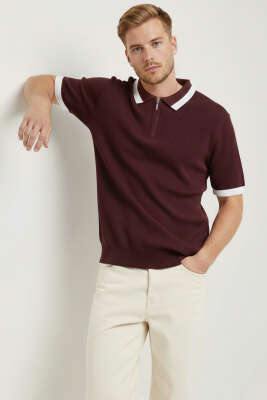 Polo Yaka Fermuarlı Merserize Triko T-Shirt Bordo 