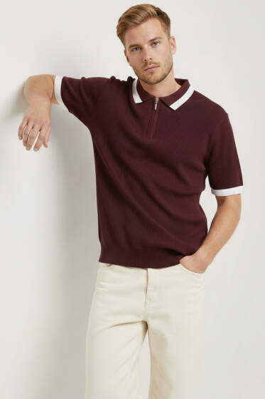 Polo Yaka Fermuarlı Merserize Triko T-Shirt Bordo - Erkek Triko Tişört