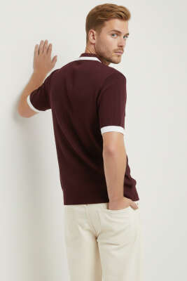 Polo Yaka Fermuarlı Merserize Triko T-Shirt Bordo - Erkek Triko Tişört