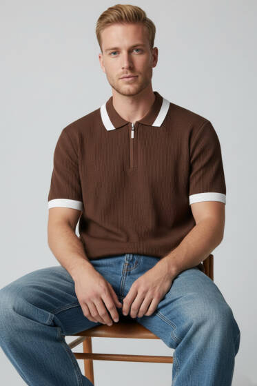 Polo Yaka Fermuarlı Merserize Triko T-Shirt Kahve - Erkek Triko Tişört
