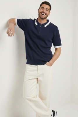 Polo Yaka Fermuarlı Merserize Triko T-Shirt Lacivert - Erkek T-shirt