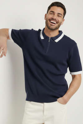 Polo Yaka Fermuarlı Merserize Triko T-Shirt Lacivert 