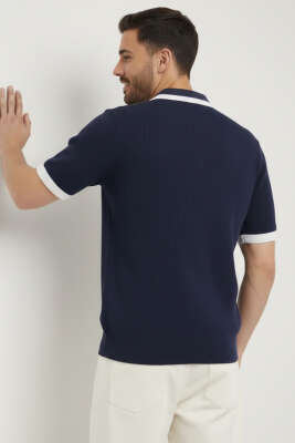 Polo Yaka Fermuarlı Merserize Triko T-Shirt Lacivert - Erkek Triko Tişört